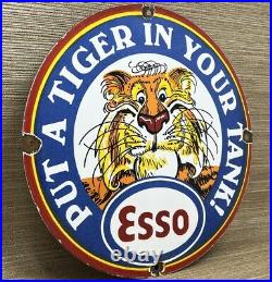 Vintage Esso Gasoline Porcelain Sign Put A Tiger In Your Tank Gas Oil Pump Plate