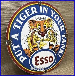 Vintage Esso Gasoline Porcelain Sign Put A Tiger In Your Tank Gas Oil Pump Plate