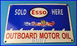 Vintage Esso Gasoline Sign Outboard Oil Sold Here Gas Service Porcelain Sign