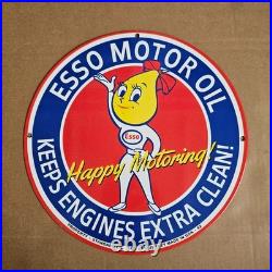 Vintage Esso Morning Motor Old Us Gasoline Oil Gas Pump Enamel Porcelain Sign