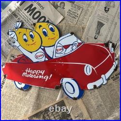 Vintage Esso Oil Drop Boy & Girl Car 20x14 Inches Porcelain Enamel Sign