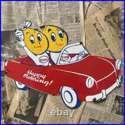 Vintage Esso Oil Drop Boy & Girl Car 20x14 Inches Porcelain Enamel Sign
