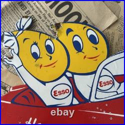Vintage Esso Oil Drop Boy & Girl Car 20x14 Inches Porcelain Enamel Sign