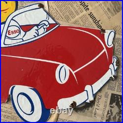 Vintage Esso Oil Drop Boy & Girl Car 20x14 Inches Porcelain Enamel Sign