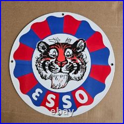 Vintage Esso Red Blue Tiger Old Us Gasoline Oil Gas Pump Enamel Porcelain Sign