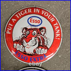 Vintage Esso Red Tiger Old Us Gasoline Oil Gas Pump Enamel Porcelain Sign