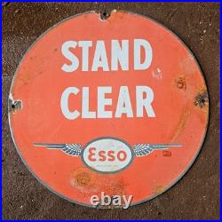Vintage Esso Stand Clear Old Us Gasoline Oil Gas Pump Enamel Porcelain Sign