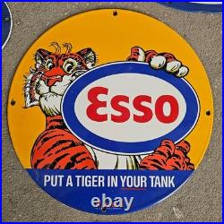 Vintage Esso Tiger Tank Old Us Gasoline Oil Gas Pump Enamel Porcelain Sign