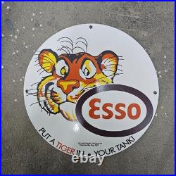 Vintage Esso Tiger Tank Old Us Gasoline Oil Gas Pump Enamel Porcelain Sign