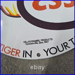 Vintage Esso Tiger Tank Old Us Gasoline Oil Gas Pump Enamel Porcelain Sign