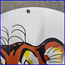 Vintage Esso Tiger Tank Old Us Gasoline Oil Gas Pump Enamel Porcelain Sign