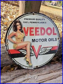 Vintage Flying A Gasoline Porcelain Veedol Motor Oil Service Gas Pump Plate Sign