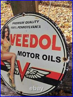 Vintage Flying A Gasoline Porcelain Veedol Motor Oil Service Gas Pump Plate Sign