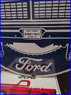 Vintage Ford Trucks Advertising Gas Oil Dealership Porcelain Metal 30 Sign