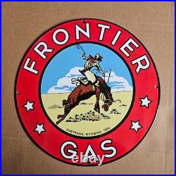 Vintage Frontier Gas 1954 Old Us Gasoline Oil Gas Pump Enamel Porcelain Sign