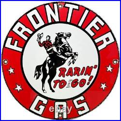 Vintage Frontier Gasoline Porcelain Sign Gas Station Motor Oil Bucking Bronco