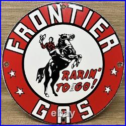 Vintage Frontier Gasoline Porcelain Sign Gas Station Motor Oil Bucking Bronco