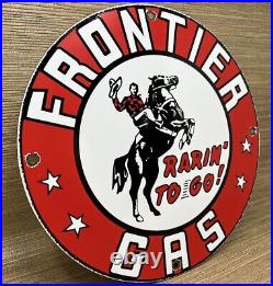 Vintage Frontier Gasoline Porcelain Sign Gas Station Motor Oil Bucking Bronco