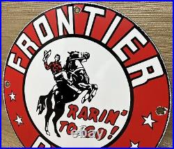 Vintage Frontier Gasoline Porcelain Sign Gas Station Motor Oil Bucking Bronco