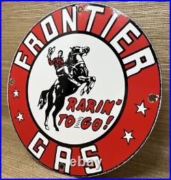 Vintage Frontier Gasoline Porcelain Sign Gas Station Motor Oil Bucking Bronco