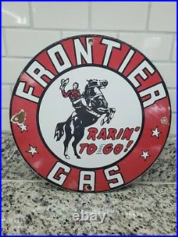Vintage Frontier Gasoline Porcelain Sign Western Rodeo Cowboy Gas Oil Service