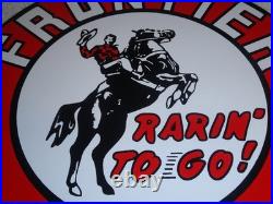 Vintage Frontier Gasoline Wainoco Oil Cowboy+ Horse 11 3/4 Porcelain Metal Sign
