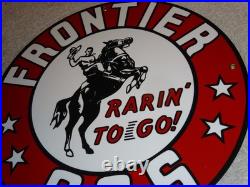 Vintage Frontier Gasoline Wainoco Oil Cowboy+ Horse 11 3/4 Porcelain Metal Sign