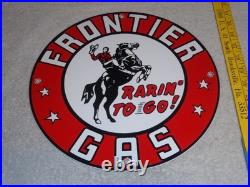 Vintage Frontier Gasoline Wainoco Oil Cowboy+ Horse 11 3/4 Porcelain Metal Sign