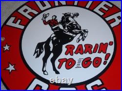 Vintage Frontier Gasoline Wainoco Oil Cowboy+ Horse 11 3/4 Porcelain Metal Sign