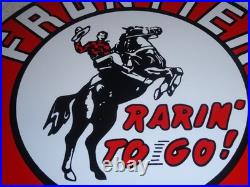 Vintage Frontier Gasoline Wainoco Oil Cowboy+ Horse 11 3/4 Porcelain Metal Sign
