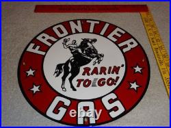 Vintage Frontier Gasoline Wainoco Oil Cowboy+ Horse 11 3/4 Porcelain Metal Sign