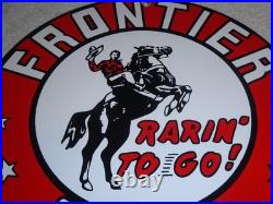Vintage Frontier Gasoline Wainoco Oil Cowboy+ Horse 11 3/4 Porcelain Metal Sign