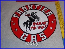 Vintage Frontier Gasoline Wainoco Oil Cowboy+ Horse 11 3/4 Porcelain Metal Sign