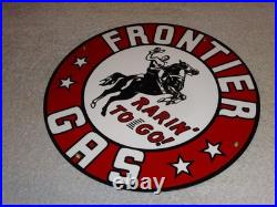 Vintage Frontier Gasoline Wainoco Oil Cowboy+ Horse 11 3/4 Porcelain Metal Sign