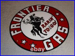 Vintage Frontier Gasoline Wainoco Oil Cowboy+ Horse 11 3/4 Porcelain Metal Sign
