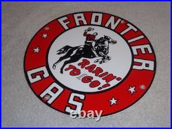 Vintage Frontier Gasoline Wainoco Oil Cowboy+ Horse 11 3/4 Porcelain Metal Sign