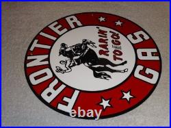 Vintage Frontier Gasoline Wainoco Oil Cowboy+ Horse 11 3/4 Porcelain Metal Sign