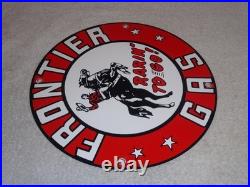 Vintage Frontier Gasoline Wainoco Oil Cowboy+ Horse 11 3/4 Porcelain Metal Sign
