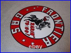 Vintage Frontier Gasoline Wainoco Oil Cowboy+ Horse 11 3/4 Porcelain Metal Sign