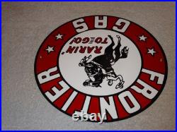 Vintage Frontier Gasoline Wainoco Oil Cowboy+ Horse 11 3/4 Porcelain Metal Sign