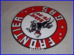 Vintage Frontier Gasoline Wainoco Oil Cowboy+ Horse 11 3/4 Porcelain Metal Sign