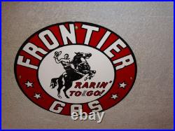 Vintage Frontier Gasoline Wainoco Oil Cowboy+ Horse 11 3/4 Porcelain Metal Sign
