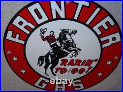 Vintage Frontier Gasoline Wainoco Oil Cowboy+ Horse 11 3/4 Porcelain Metal Sign