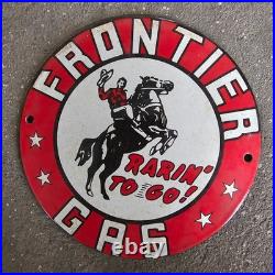 Vintage Frontier Rarin To Go Old Us Gasoline Oil Gas Pump Enamel Porcelain Sign
