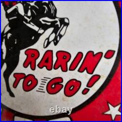 Vintage Frontier Rarin To Go Old Us Gasoline Oil Gas Pump Enamel Porcelain Sign