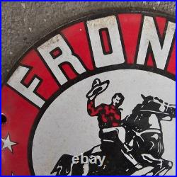 Vintage Frontier Rarin To Go Old Us Gasoline Oil Gas Pump Enamel Porcelain Sign