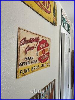 Vintage Funks Hybrids Embossed Metal Sign Feed Seed Farm Agriculture Gas Oil