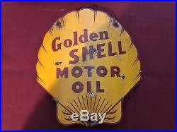 Vintage GOLDEN SHELL Gas & Oil CURVED PUMP PLATE Porcelain Advertising Sign RARE