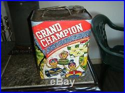 Vintage GRAND CHAMPION 2 Gallon Oil Can Wild Graphics Tin Litho RACE CAR THEME