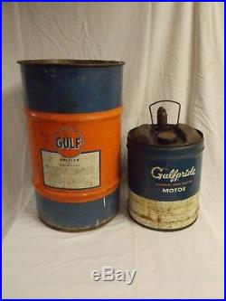 Vintage GULF Drum-Barrel for Grease & GULF 5-Gallon Oil Can with Pour Spout & Caps